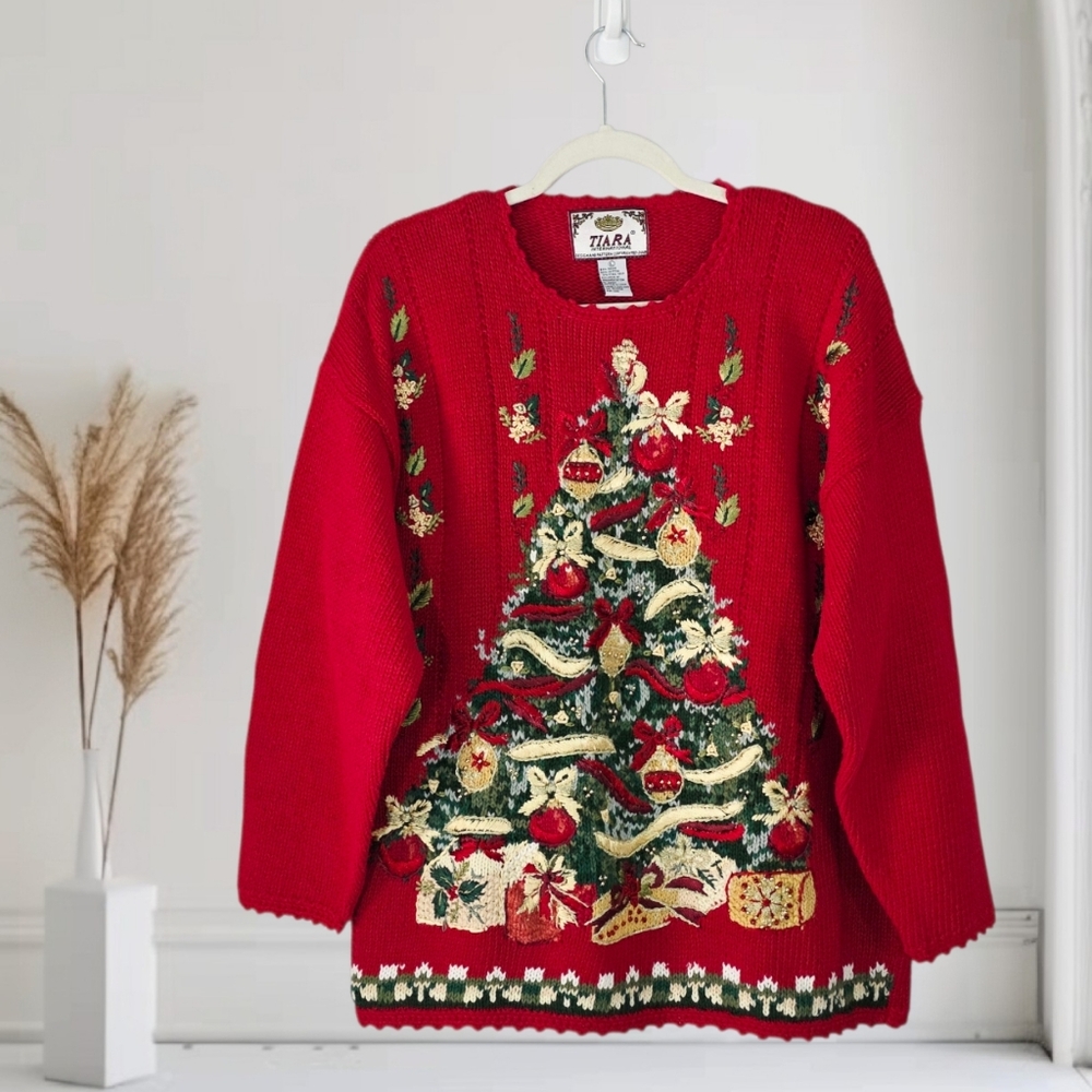 Vintage Tiara International Christmas Tree Red Knit Embroidered Sweater Sz Large